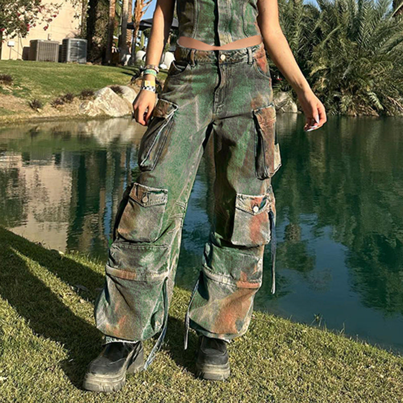 Damen Cargo-Jeans – Loose Fit, Multi-Pocket, Retro-Farbverlauf, Denim (XS–XL)