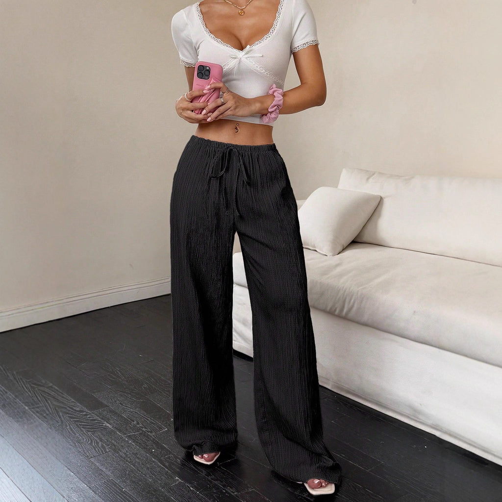 Damen Wide-Leg Hose – Mid Waist mit Schnürbund, lässig & figurfreundlich, Schwarz/Rosa (S–XXL)