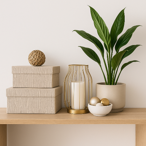 Deko, Aufbewahrungsboxen und Zimmerpflanze auf Holzregal