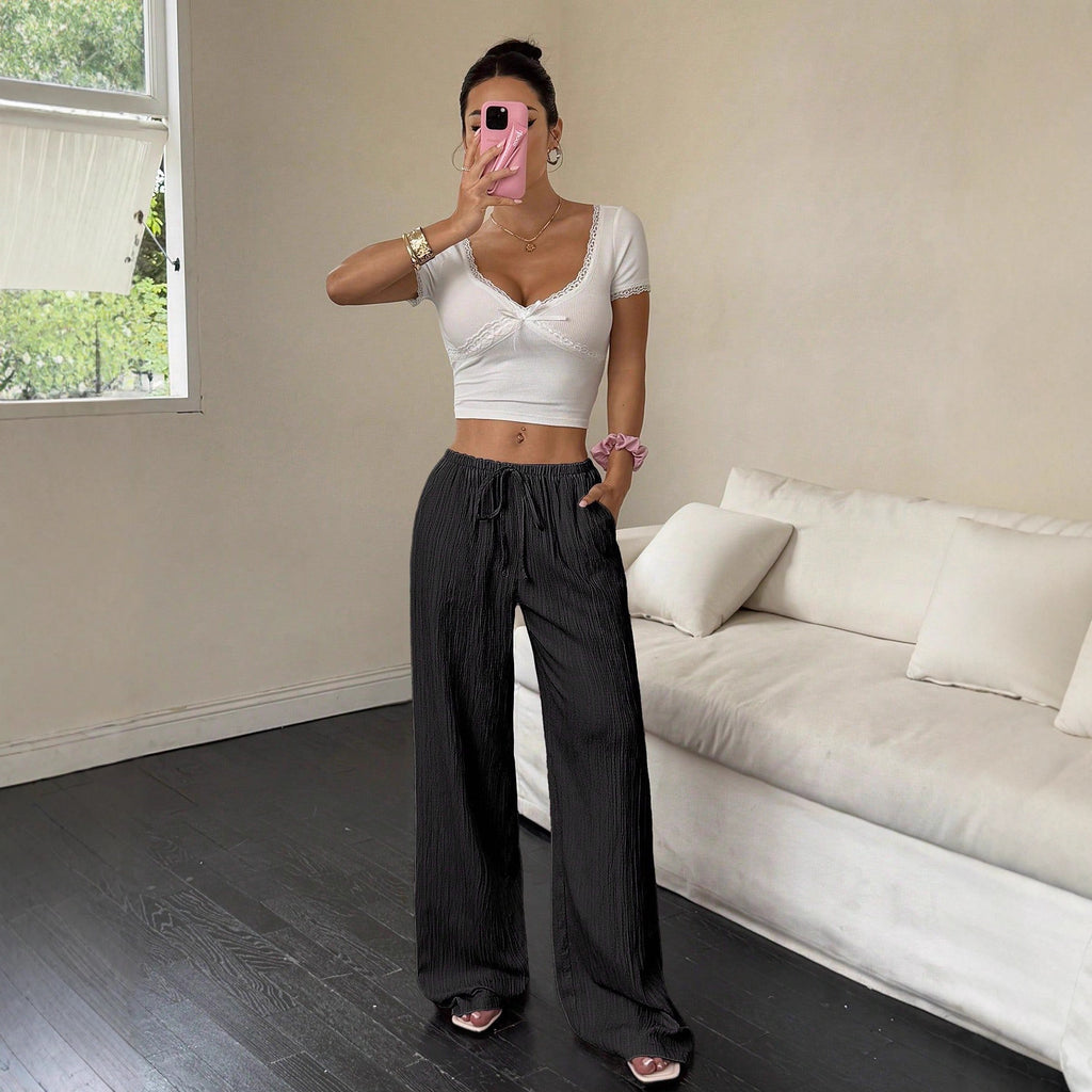 Damen Wide-Leg Hose – Mid Waist mit Schnürbund, lässig & figurfreundlich, Schwarz/Rosa (S–XXL)