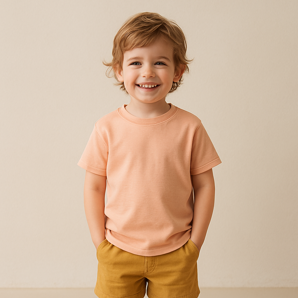 Kind in T-Shirt und Shorts vor hellem Hintergrund